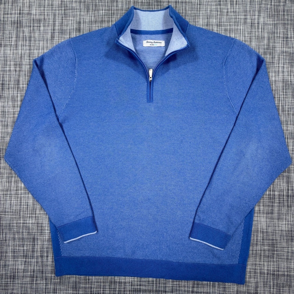 Tommy Bahama Mens XL Blue Coolside IslandZone Cotton Coolmax Half Zip Sweater